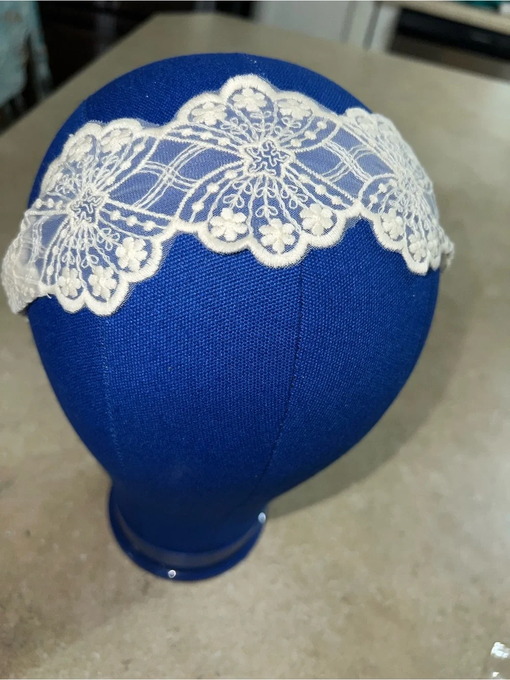 Royal Blue Headband with Cream Lace Accent